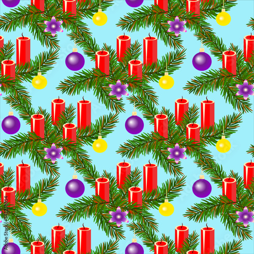 Vector - advents decoration, fir twigs, candles and glassballs seamless pattern. photo