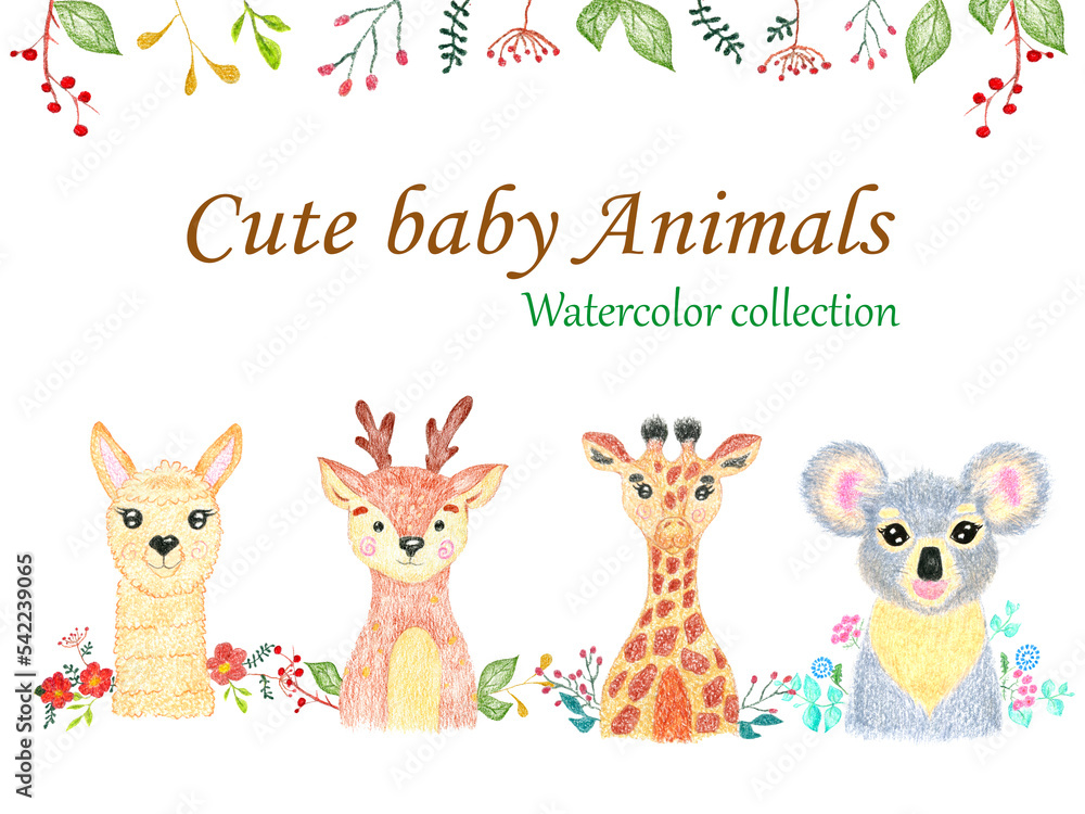 Fototapeta premium cute baby animals collection. Giraffe, lama, koala and deer on a flowers and leaves background