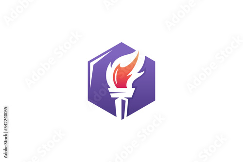 fire torch logo in hexagon emblem