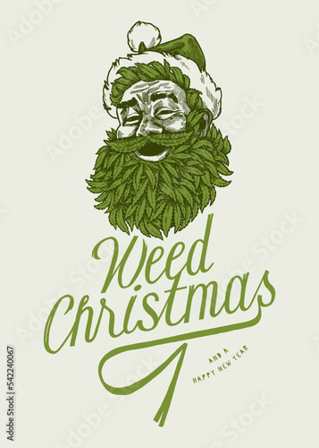 Weed Santa. Santa Claus with marijuana leaf bird laughing. Weed Christmas vintage illustration.