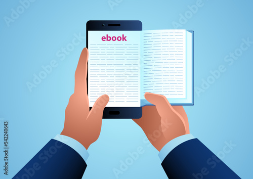 Mans hand holding a smartphone reading ebook