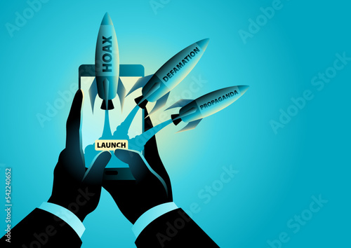 Hand using a smart phone to launch rockets that read hoax