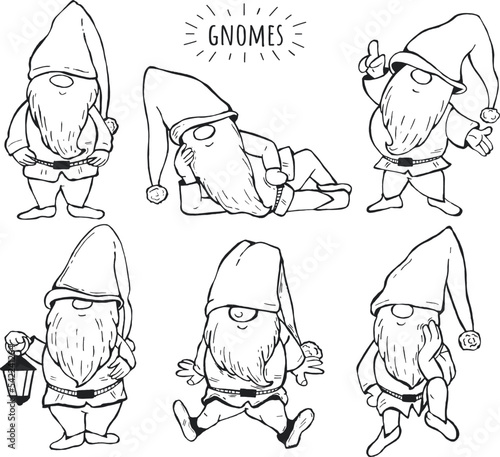 gnomes set vector. gnomes in different poses sketch. collection of gnomes freehand drawing vector
