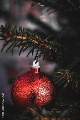 Vertical shot of a red Christmas tree toy