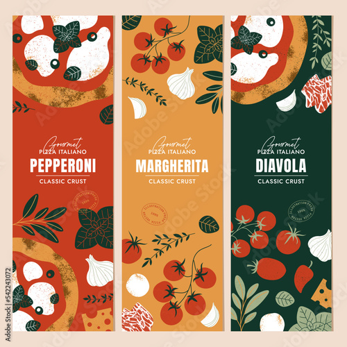 Italian pizza design templates. Pizza vertical banners with tomatoes and mozzarella. 