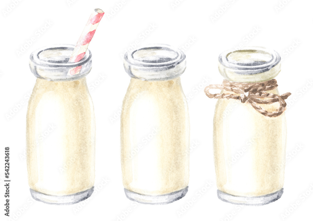 Homemade drinking yogurt, bottle set. Hand drawn watercolor illustration isolated on white background Homemade drinking yogurt, bottle set. Hand drawn watercolor illustration isolated on white background