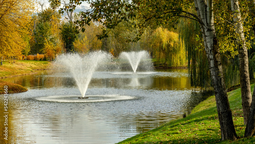Wallpaper Mural Water fountains in a city park with fall colors in the trees Torontodigital.ca