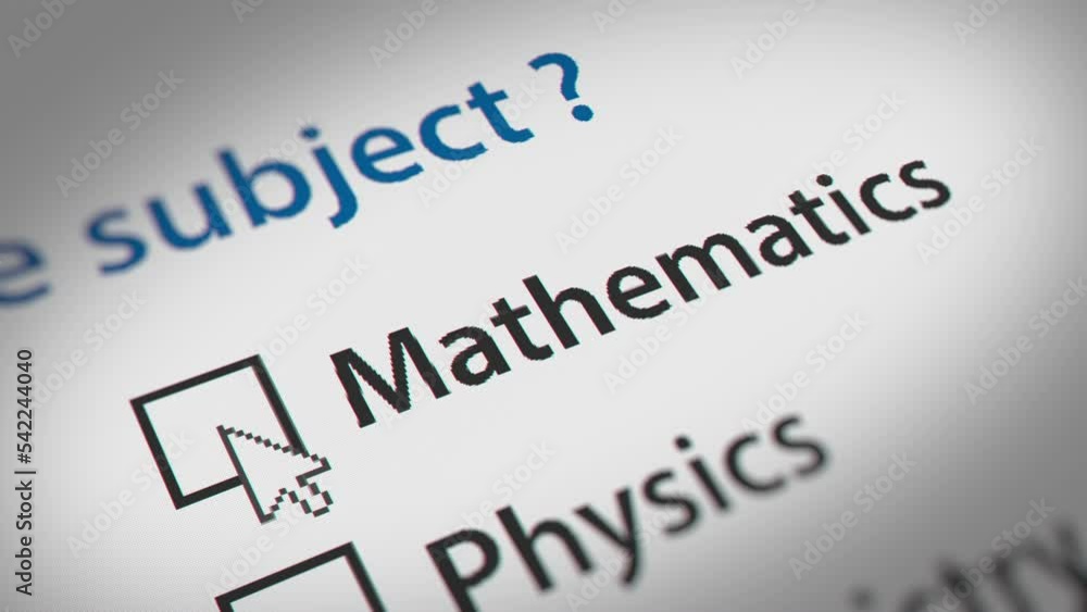 Mouse Cursor Clicking Mathematics Check Box on Subject Survey. All data on the Footage are Fictional, Created Especially for This Concept Mouse Cursor Clicking Mathematics Check Box on Subject Survey. All data on the Footage are Fictional, Created Especially for This Concept