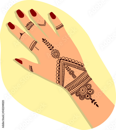 Indian style mehendi painting for wedding on woman hand with red nail polish, henna art in arabic culture for Ramadan vector illustration