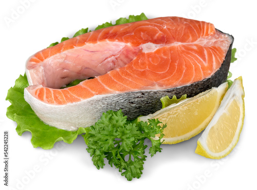 Fresh Raw Salmon with Lettuce and Lemon Isolated