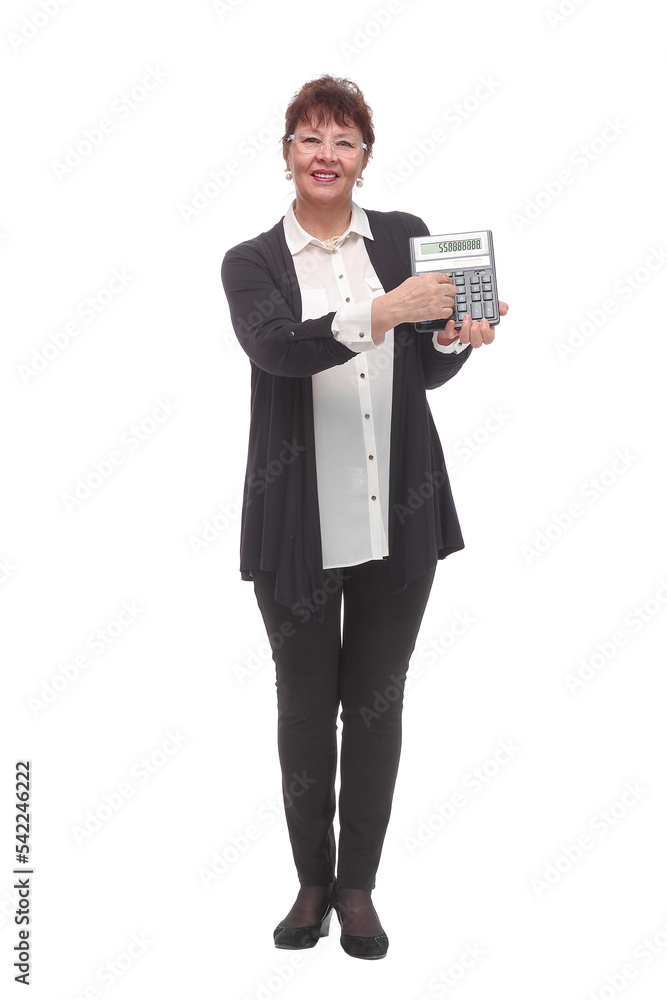 Mature woman holds calculator on a white background Mature woman holds calculator on a white background