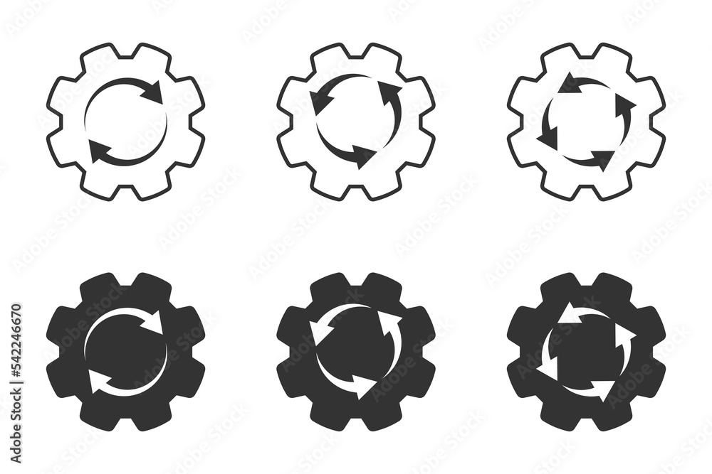 Workflow icon. Set of gear wheels icons with arrows inside. Vector illustration. Workflow icon. Set of gear wheels icons with arrows inside. Vector illustration.
