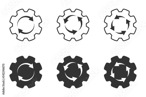 Workflow icon. Set of gear wheels icons with arrows inside. Vector illustration.
