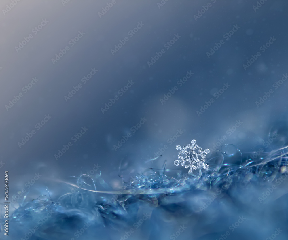 Macrophotography of snowflakes on the pile of a blue sweater, soft selective focus, bokeh Macrophotography of snowflakes on the pile of a blue sweater, soft selective focus, bokeh