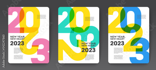 Go to the future 2023 concept, Happy New Year set. Templates with typography logo 2023 for celebration, Colorful trendy template for branding, banner, cover, card, social media, Vector EPS. 10