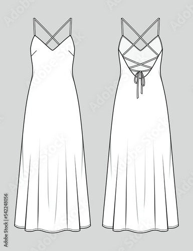Coctail midi dress.Open back. Fashion sketch. Vector illustration. Flat technical drawing. Mockup template.
