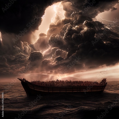 Tablou canvas Noah's Ark on the Sea Storm Clouds Deluge Digital Art 3D Render