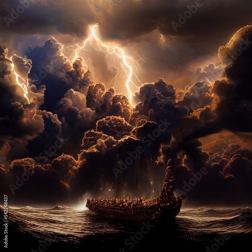 Fototapet Noah's Ark on the Sea Storm Clouds Deluge Digital Art 3D Render