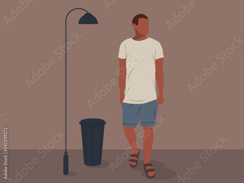 Illustration of a homeless person walking on the street. Flat design vector. Poor unemployment dressed man in a dark neighbourhood. Vector.
