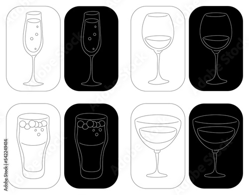 Champagne wine beer vermouth wineglass in thin lines. Cartoon sketch graphic design. Doodle style. Black white hand drawn image. Party drink concept for restaurant, cafe, party. Freehand drawing.