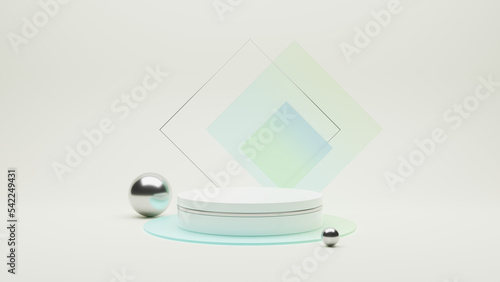 3D render of a modern product Display Podium mockup on a bright background. Glossy tabletop with a Silver band around it, and colorful, Rhombic Frosted Glass backdrop. Silver spheres