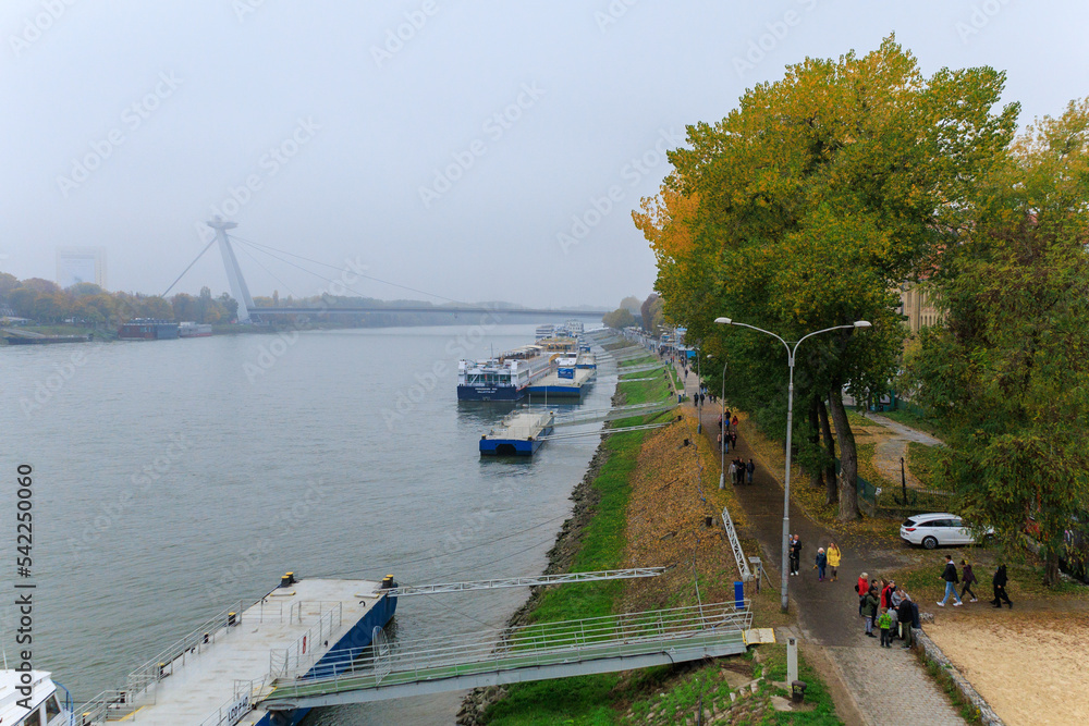 The foggy city of Bratislava. View of the city from the bridge. Parked ferries and ships.