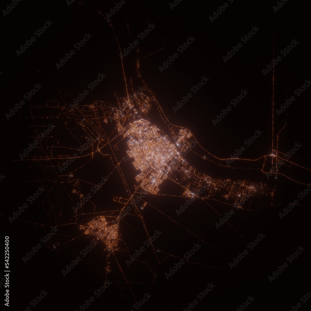 Basra (Iraq) street lights map. Satellite view on modern city at night. Imitation of aerial view on roads network. 3d render