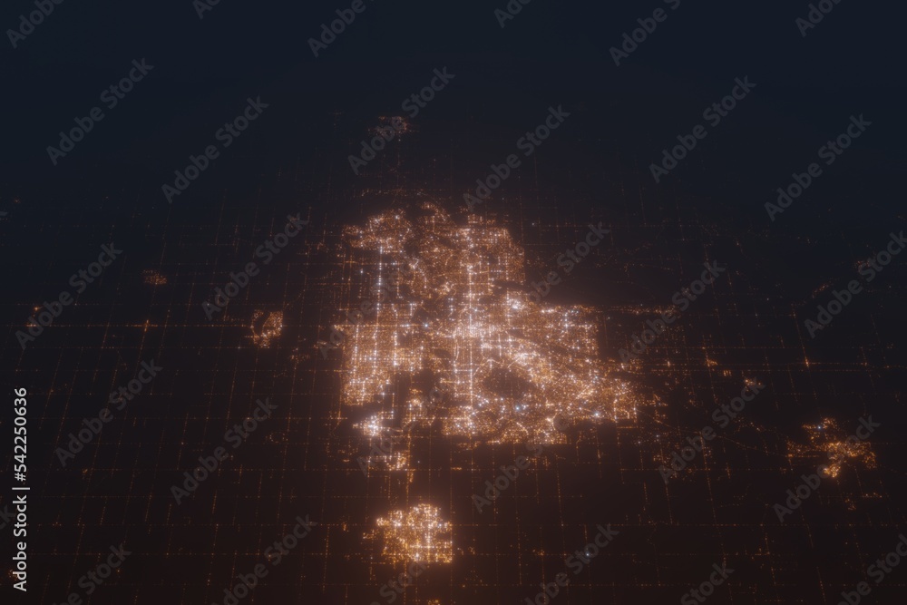 Aerial shot of Calgary (Canada) at night, view from north. Imitation of satellite view on modern city with street lights and glow effect. 3d render