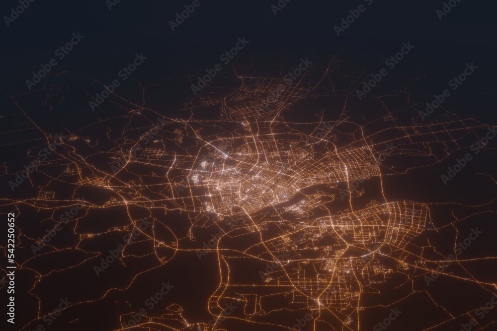 Aerial shot of Harbin (China) at night, view from north. Imitation of satellite view on modern city with street lights and glow effect. 3d render