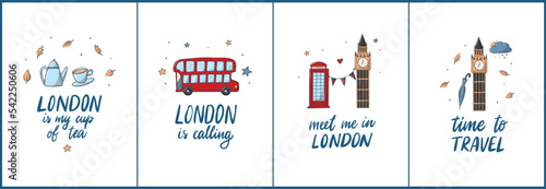 Set of four London greeting cards decorated with doodles and lettering quotes on white background. Good for posters, stationary, prints, stickers, etc. EPS 10