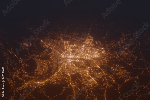 Aerial shot on Vitebsk (Belarus) at night, view from west. Imitation of satellite view on modern city with street lights and glow effect. 3d render