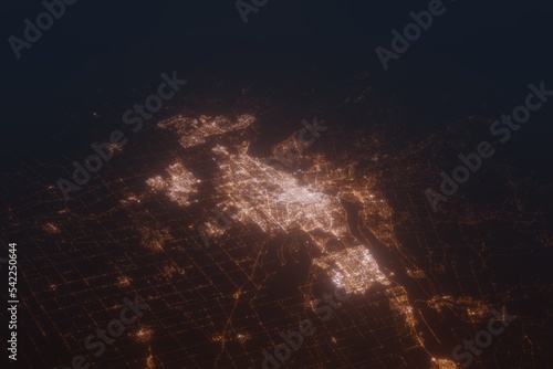 Aerial shot on Ottawa (Canada) at night, view from east. Imitation of satellite view on modern city with street lights and glow effect. 3d render