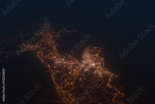 Aerial shot on Dalian (China) at night, view from west. Imitation of satellite view on modern city with street lights and glow effect. 3d render