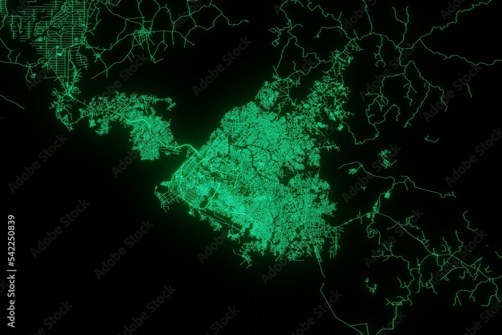 Map of the streets of Douala (Cameroon) made with green illumination and glow effect. Top view on roads network. 3d render, illustration