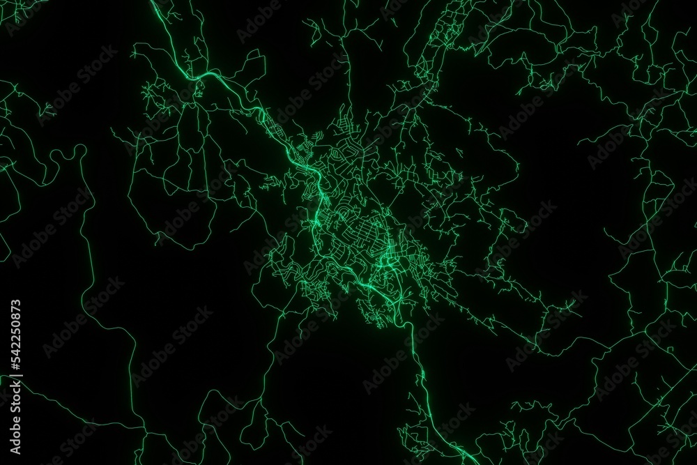 Map of the streets of Mbabane (Eswatini) made with green illumination and glow effect. Top view on roads network. 3d render, illustration