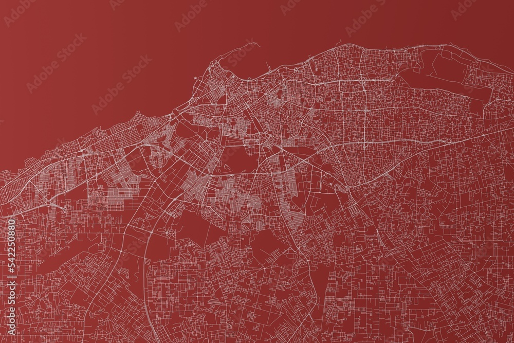 Map of the streets of Tripoli (Libya) made with white lines on red background. Top view. 3d render, illustration