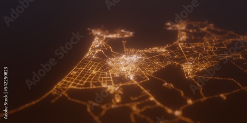 Street lights map of Aden (Yemen) with tilt-shift effect, view from north. Imitation of macro shot with blurred background. 3d render, selective focus