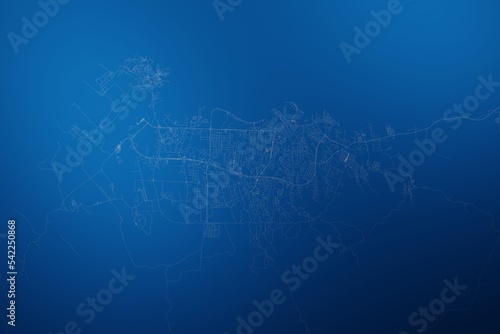 Stylized map of the streets of Malabo (Equatorial Guinea) made with white lines on abstract blue background lit by two lights. Top view. 3d render, illustration