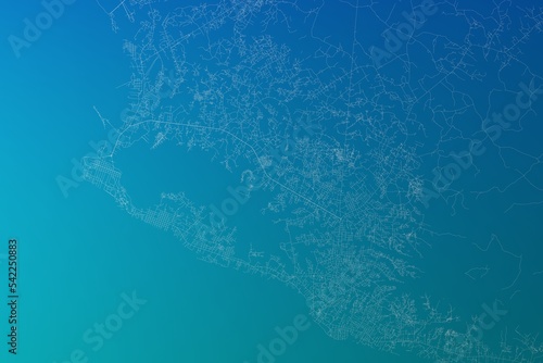 Map of the streets of Monrovia (Liberia) made with white lines on greenish blue gradient background. 3d render, illustration