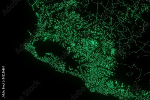 Map of the streets of Monrovia (Liberia) made with green illumination and glow effect. Top view on roads network. 3d render, illustration