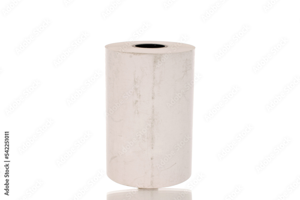 One paper cash register tape, close-up isolated on white. One paper cash register tape, close-up isolated on white.