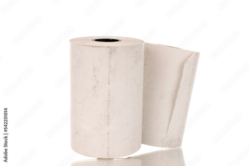 Two rolls of paper cash register tape, close-up isolated on white. Two rolls of paper cash register tape, close-up isolated on white.