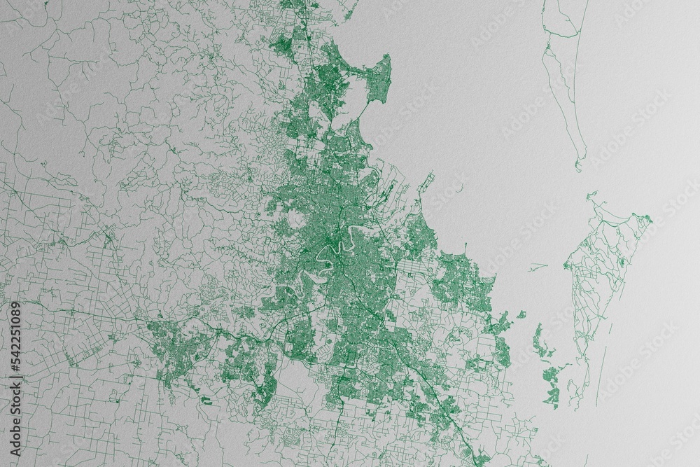 Obraz premium Map of the streets of Brisbane (Australia) made with green lines on white paper. 3d render, illustration