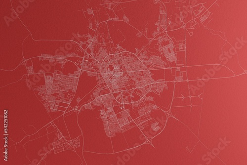 Map of the streets of Medina (Saudi Arabia) made with white lines on red paper. Top view, rough background. 3d render, illustration