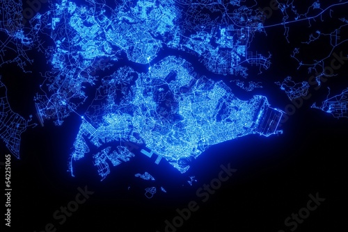Canvas Print Street map of Singapore made with blue illumination and glow effect