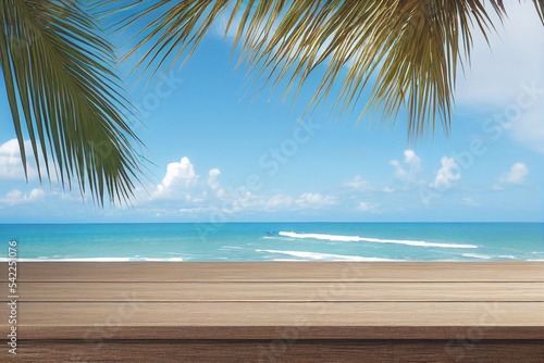 Empty wooden table for product display with view of tropical beach background. © Fokasu Art