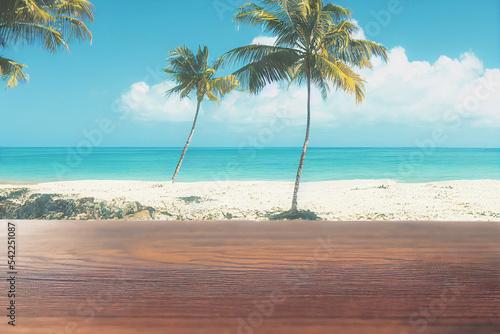 Empty wooden table for product display with view of tropical beach background.