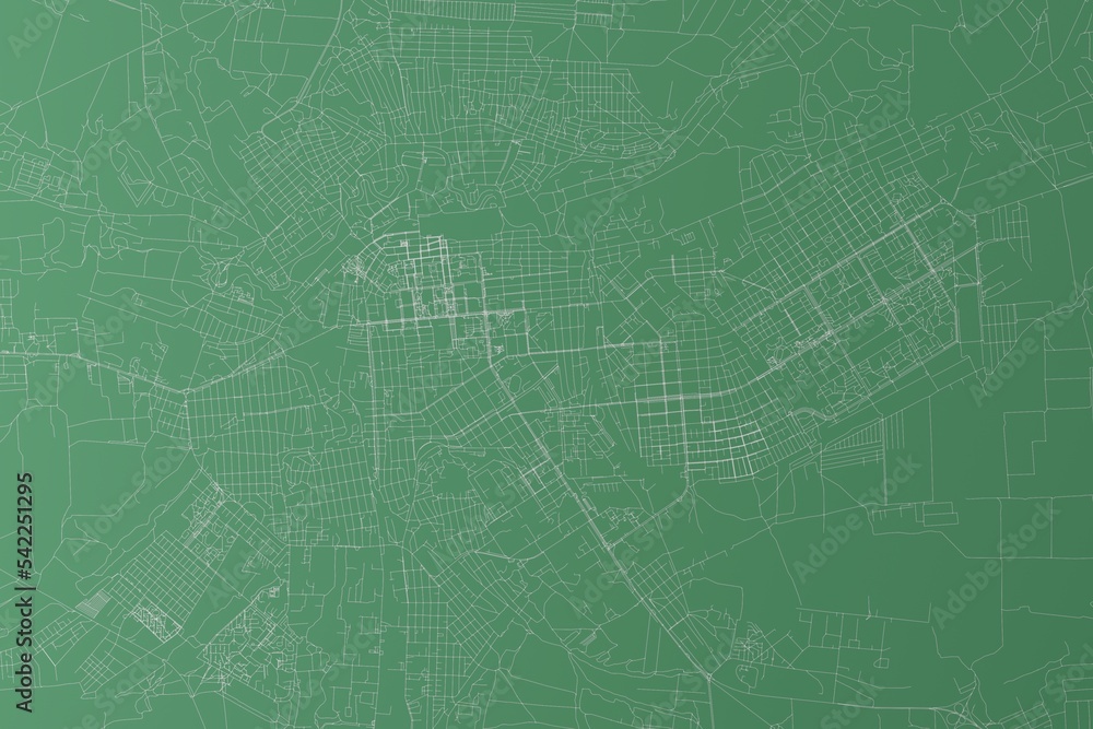 Stylized map of the streets of Lugansk (Ukraine) made with white lines on green background. Top view. 3d render, illustration