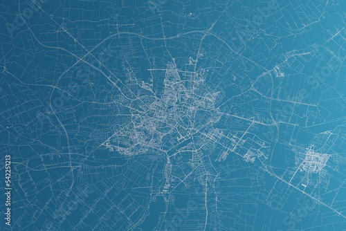 Map of the streets of Lublin (Poland) made with white lines on blue paper. Rough background. 3d render, illustration