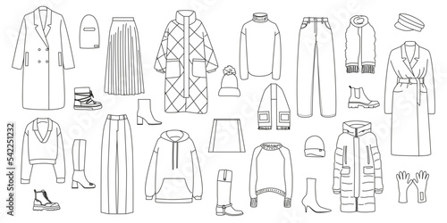 Set of line drawings of women s clothing  shoes and accessories. Isolated drawings of coats  hats  scarves  gloves  skirts  trousers  sweaters  boots and boots. Icons of women s demi-season wardrobe m